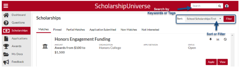 Search function in Scholarship Universe